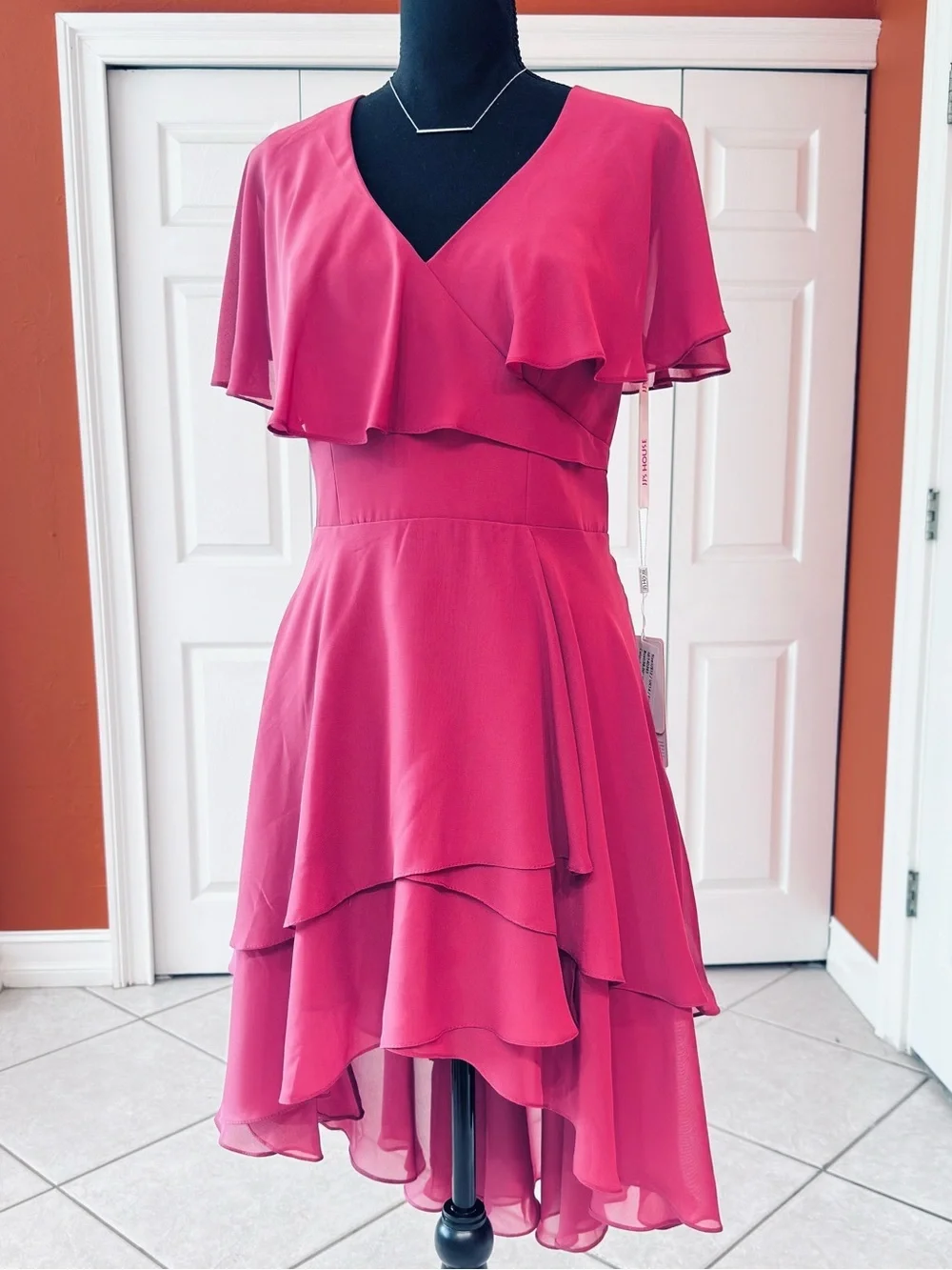 Billowy High-Low layered dress w/flutter sleeves partially lined burgundy color